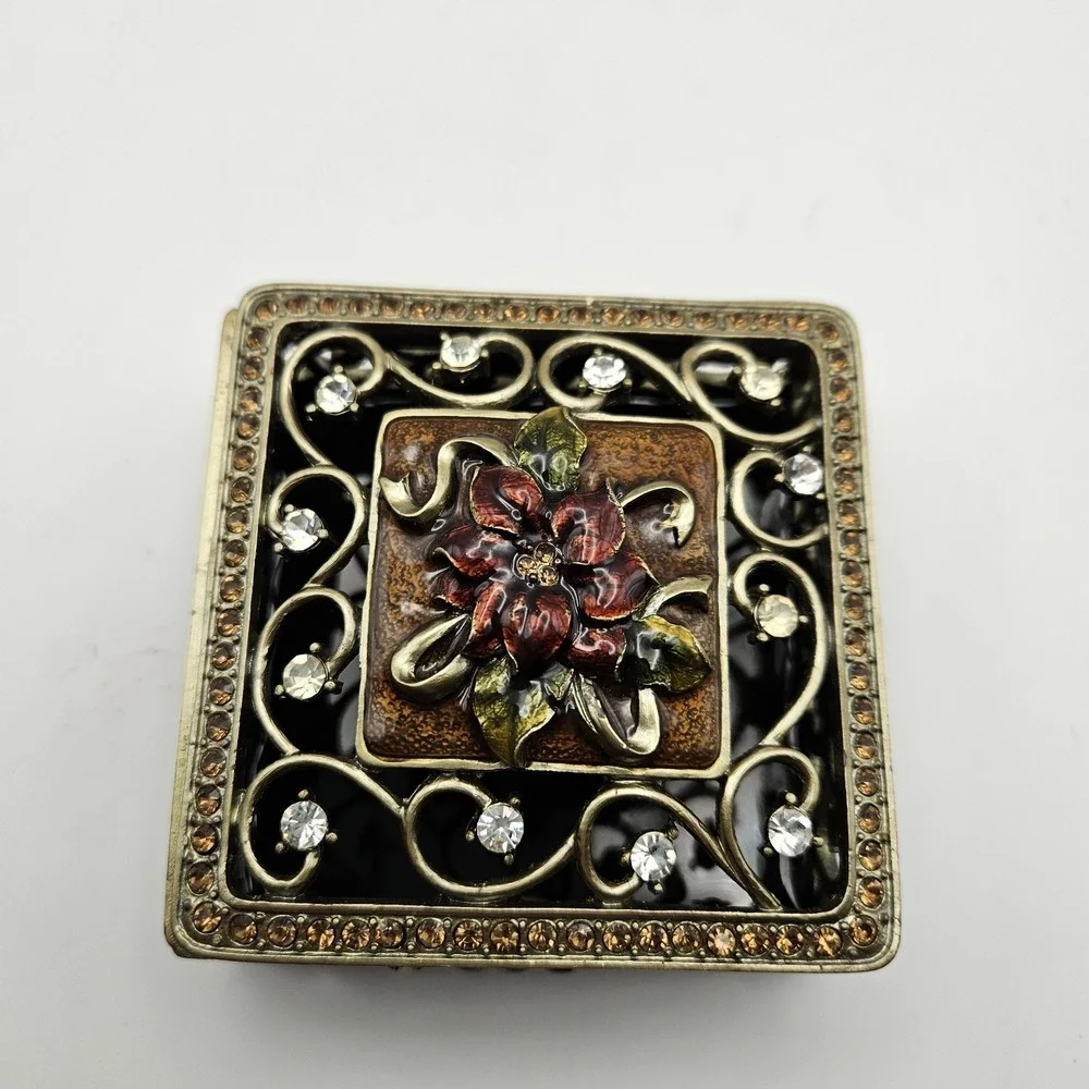 Ornate Square Enamel Floral Filigree Trinket Box with Rhinestone Accents 3